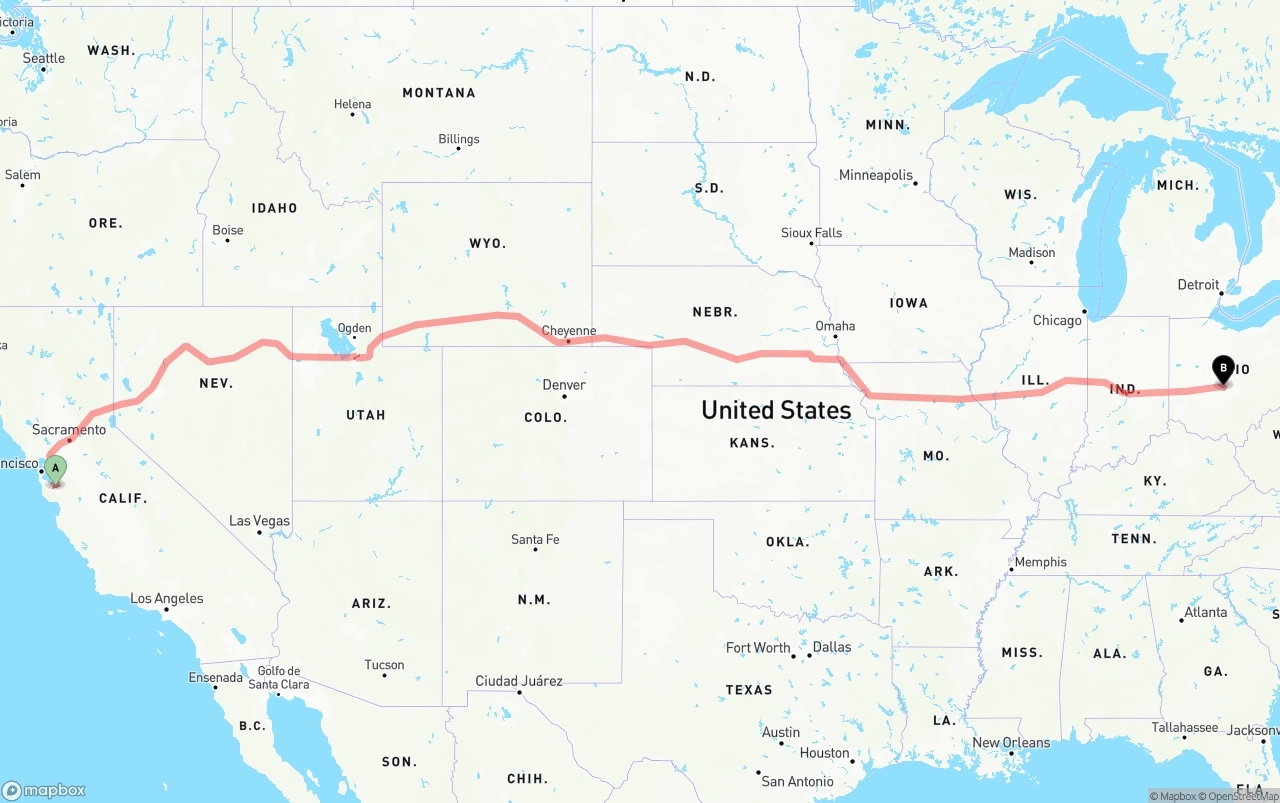 Shipping route from Norman Y. Mineta San Jose International Airport to Columbus