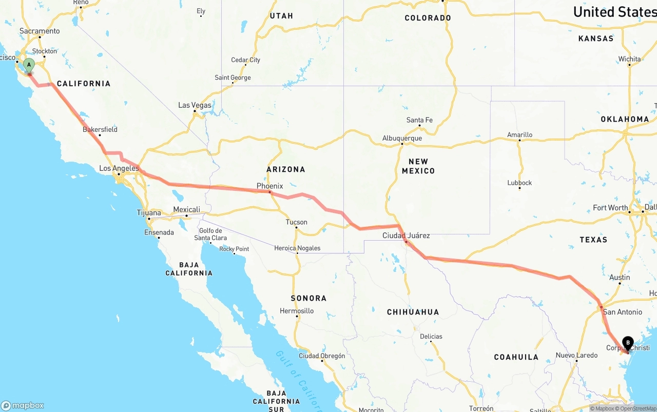 Shipping route from Norman Y. Mineta San Jose International Airport to Corpus Christi