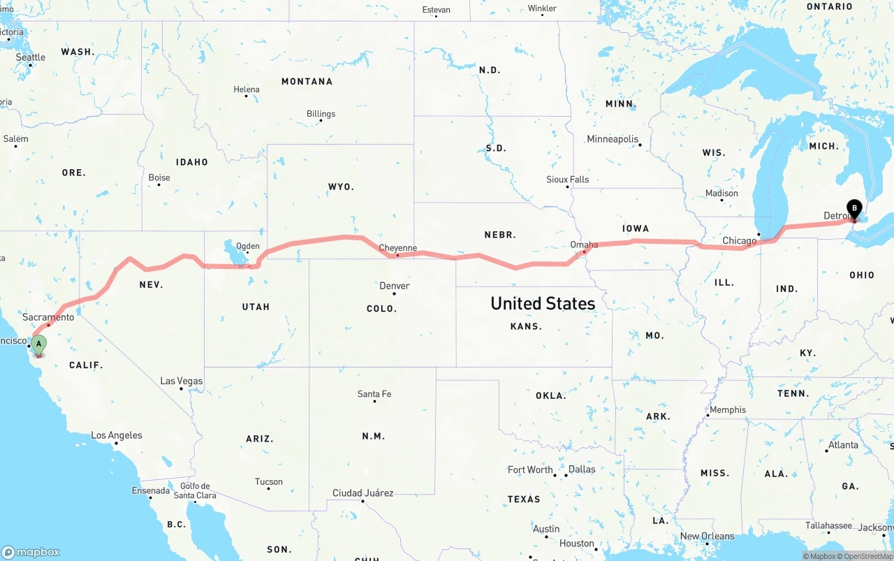 Shipping route from Norman Y. Mineta San Jose International Airport to Detroit
