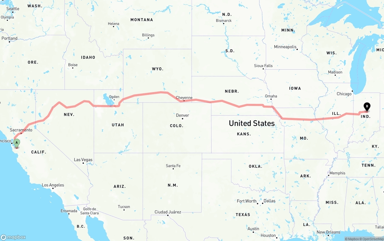 Shipping route from Norman Y. Mineta San Jose International Airport to Indiana