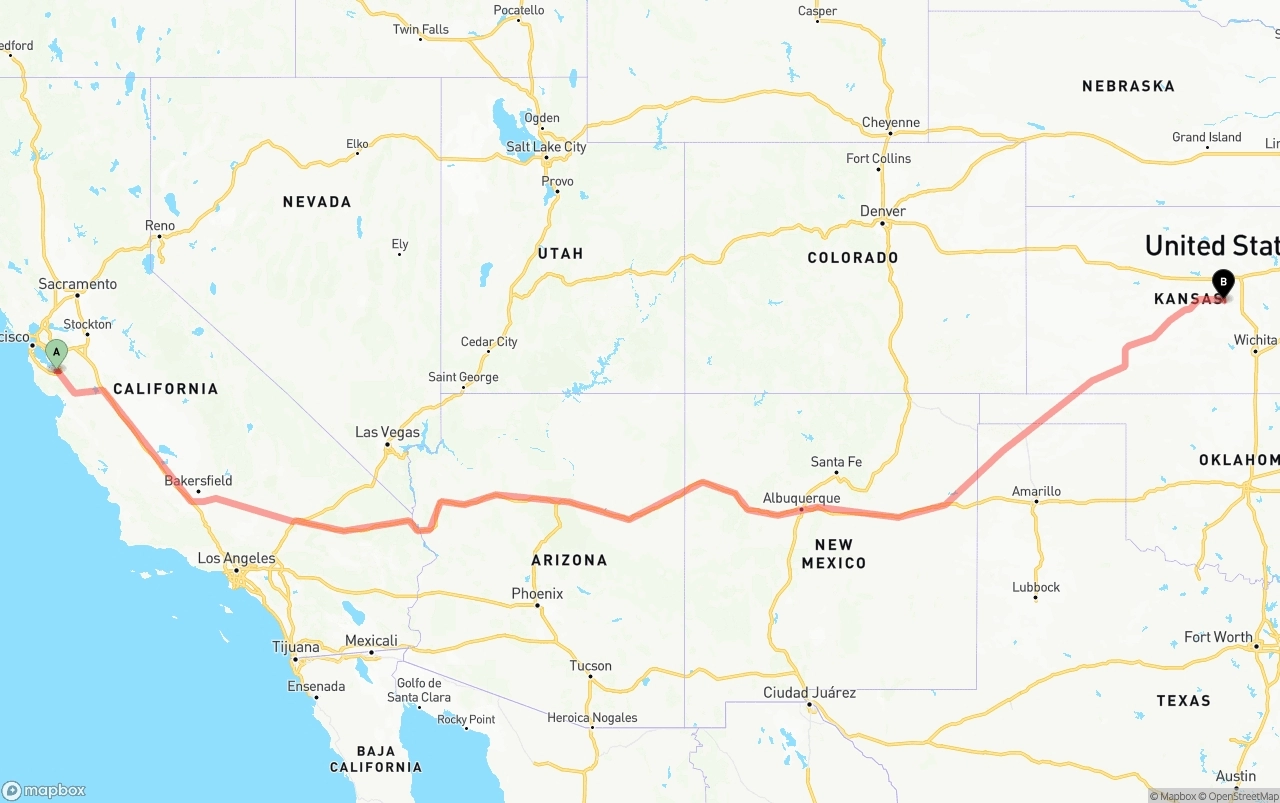 Shipping route from Norman Y. Mineta San Jose International Airport to Kansas