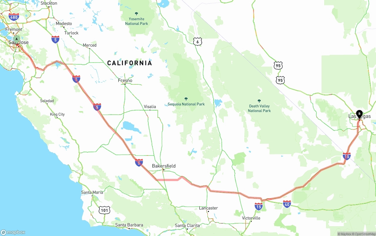 Shipping route from Norman Y. Mineta San Jose International Airport to Las Vegas