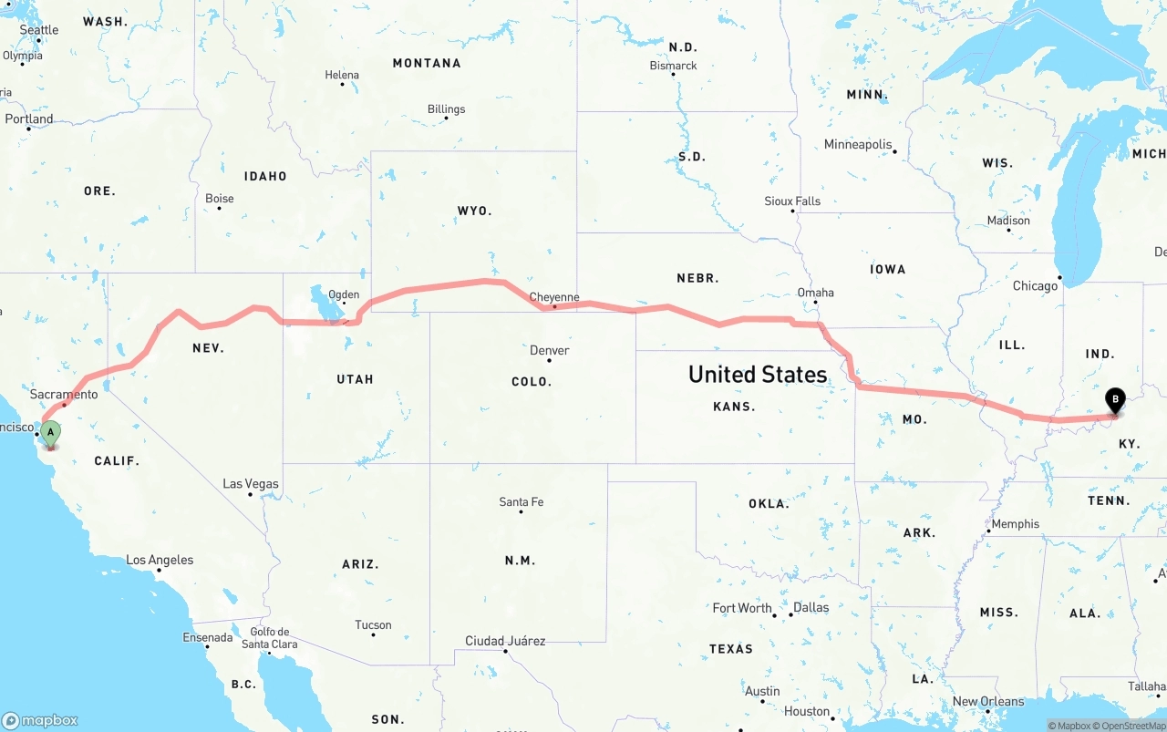 Shipping route from Norman Y. Mineta San Jose International Airport to Louisville