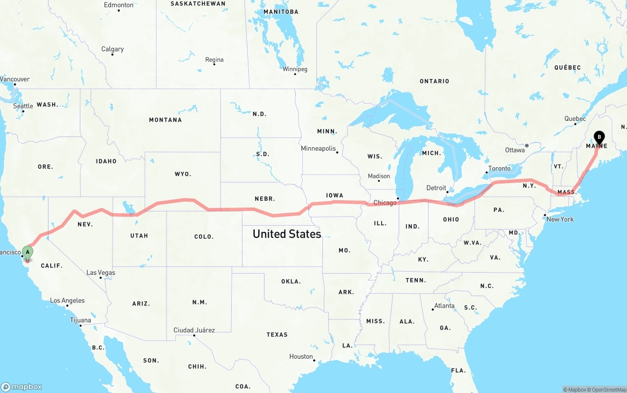 Shipping route from Norman Y. Mineta San Jose International Airport to Maine