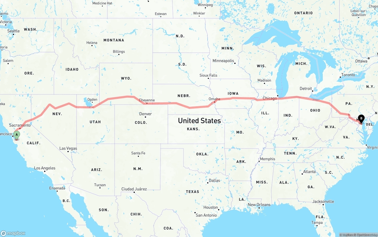 Shipping route from Norman Y. Mineta San Jose International Airport to Maryland