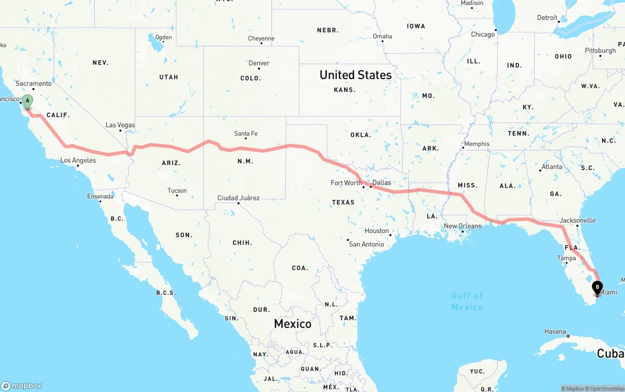 Shipping route from Norman Y. Mineta San Jose International Airport to Miami