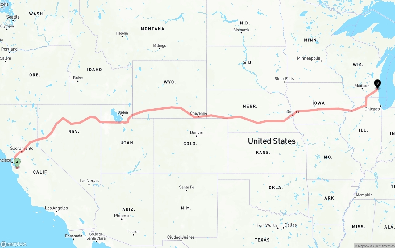 Shipping route from Norman Y. Mineta San Jose International Airport to Milwaukee