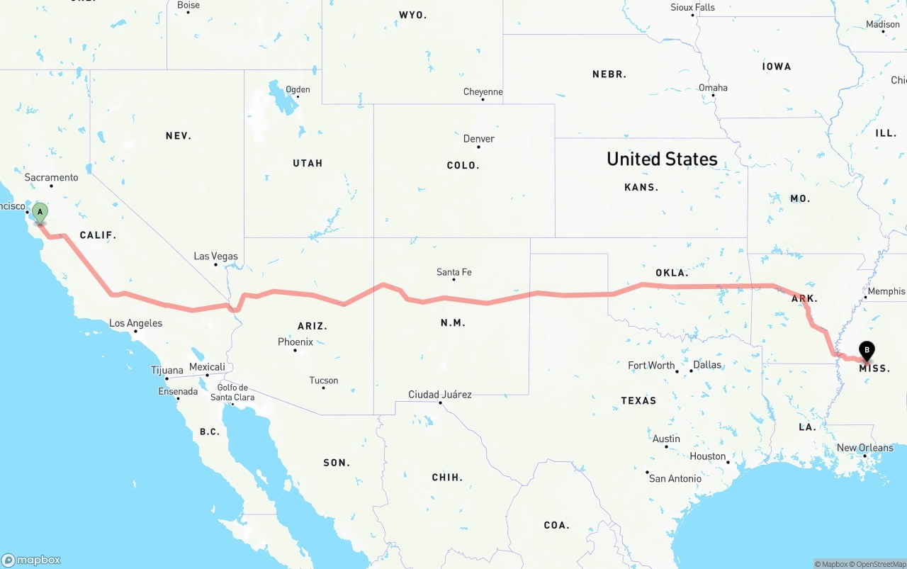 Shipping route from Norman Y. Mineta San Jose International Airport to Mississippi