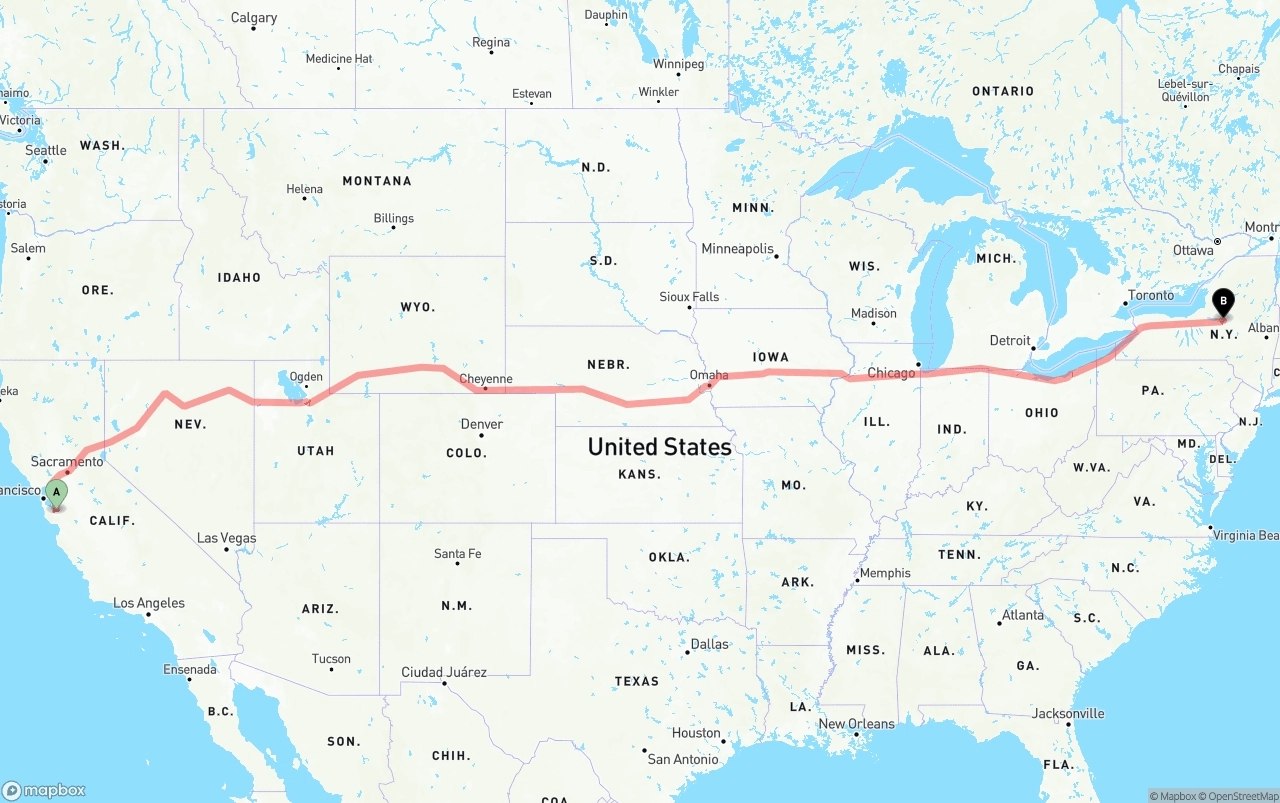 Shipping route from Norman Y. Mineta San Jose International Airport to New York