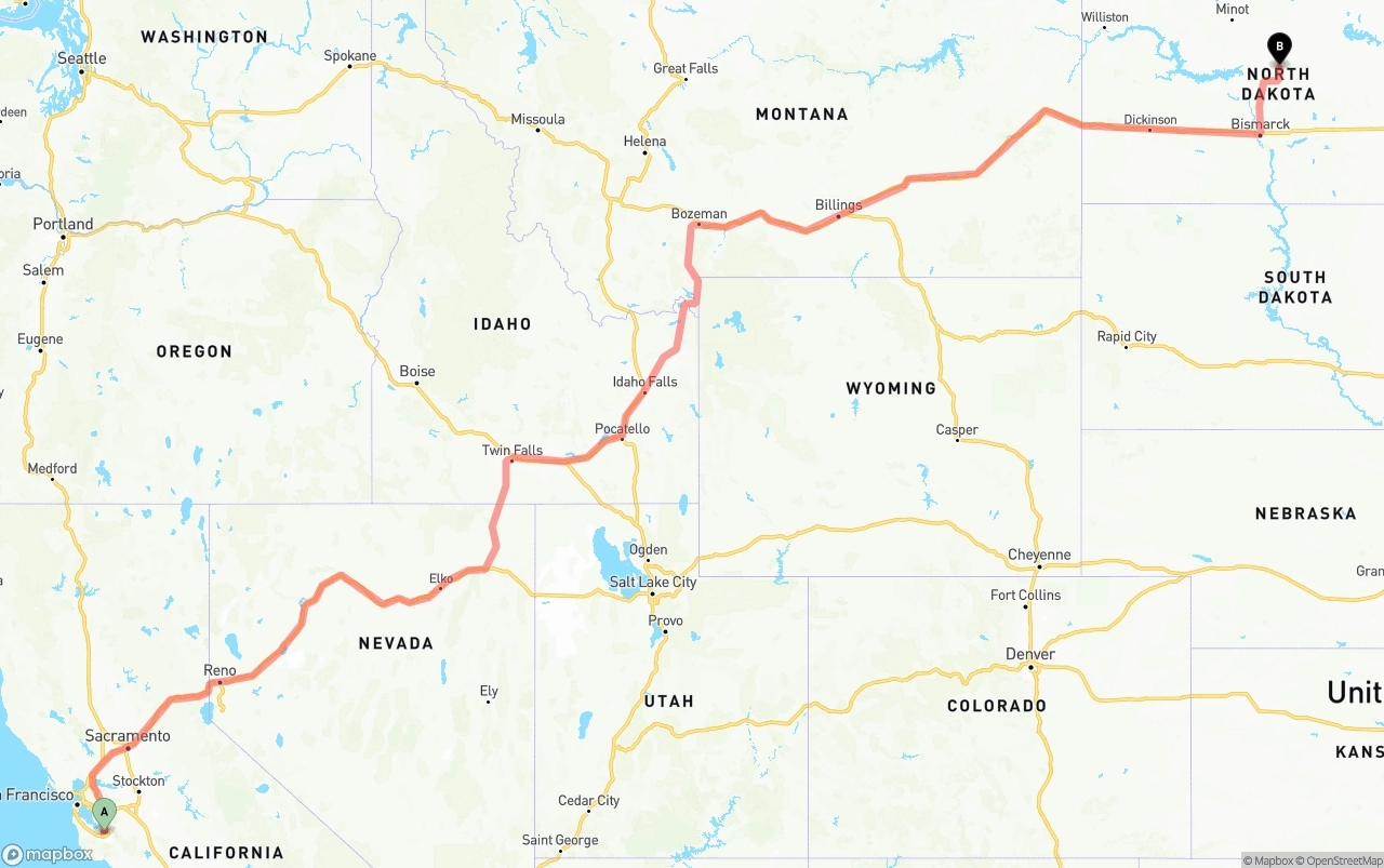 Shipping route from Norman Y. Mineta San Jose International Airport to North Dakota