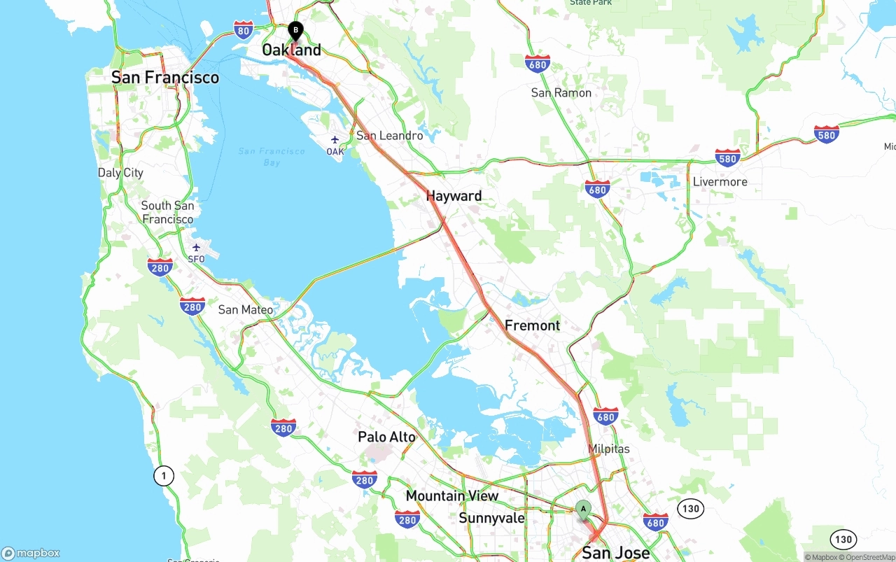 Shipping route from Norman Y. Mineta San Jose International Airport to Oakland