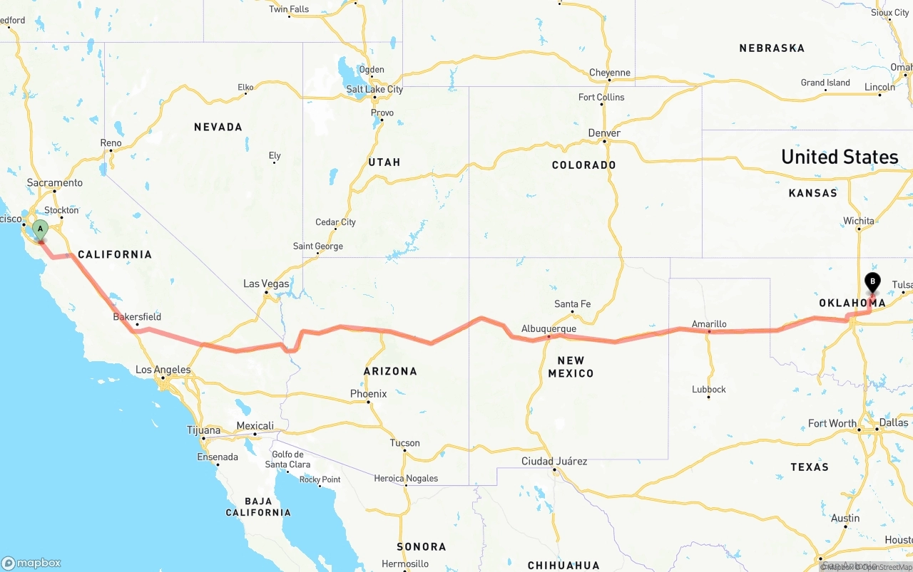 Shipping route from Norman Y. Mineta San Jose International Airport to Oklahoma