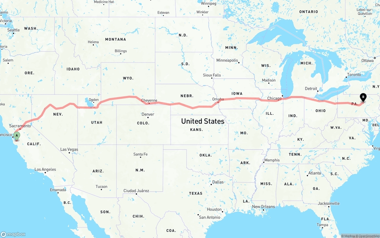 Shipping route from Norman Y. Mineta San Jose International Airport to Pennsylvania