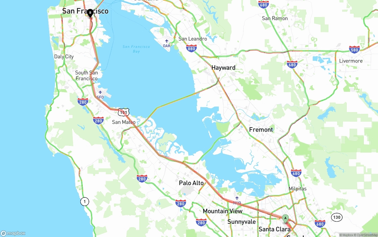 Shipping route from Norman Y. Mineta San Jose International Airport to San Francisco