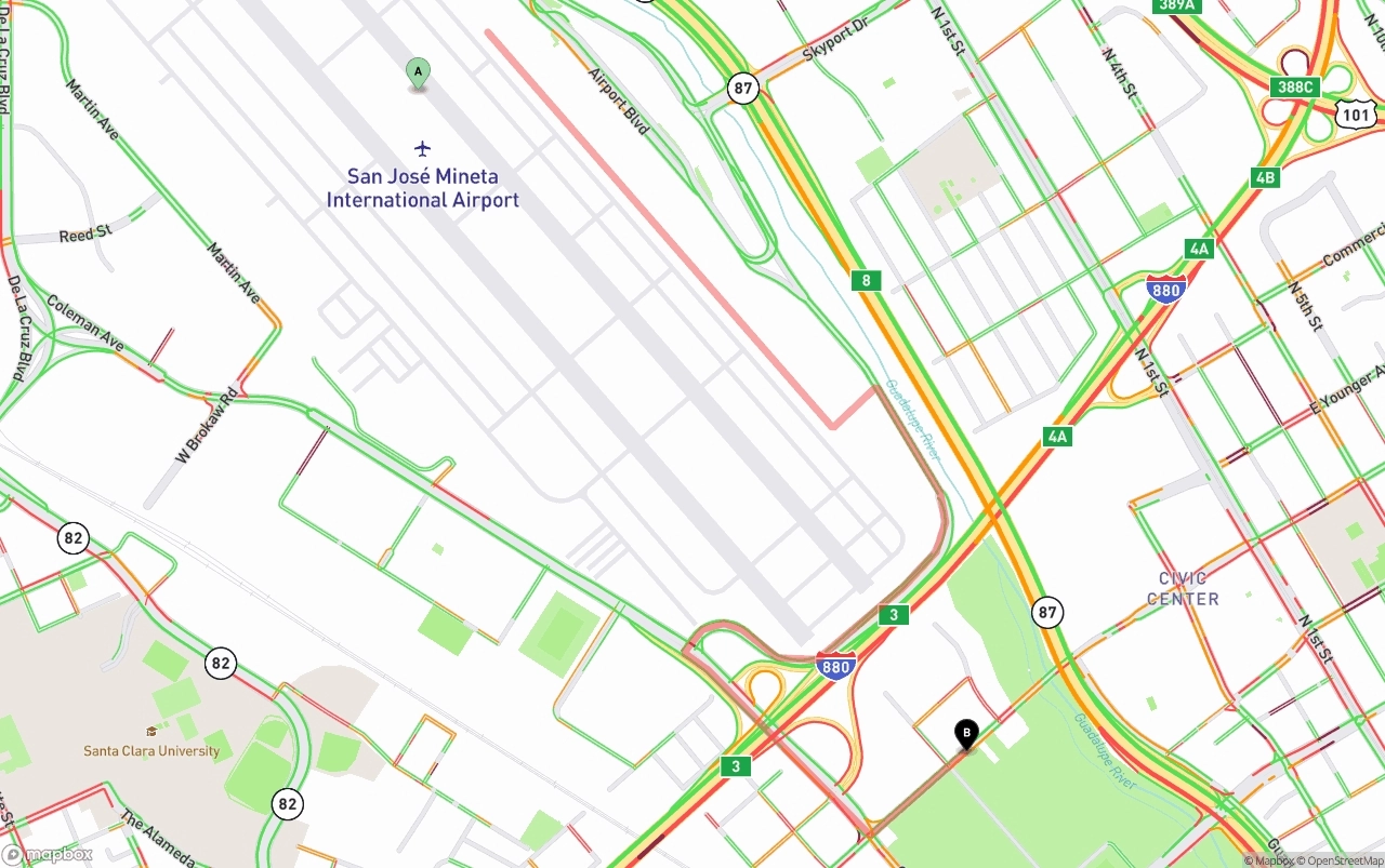 Shipping route from Norman Y. Mineta San Jose International Airport to San Jose