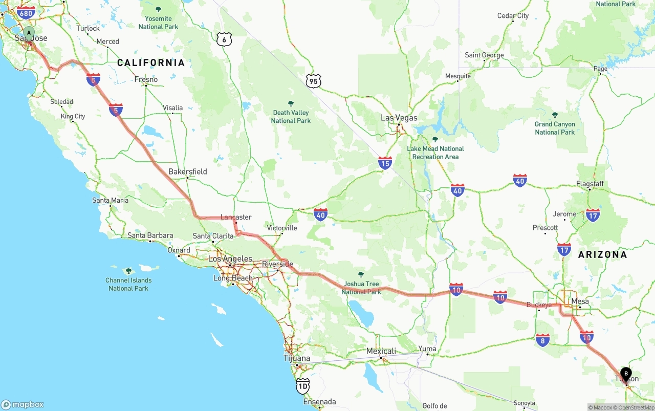 Shipping route from Norman Y. Mineta San Jose International Airport to Tucson