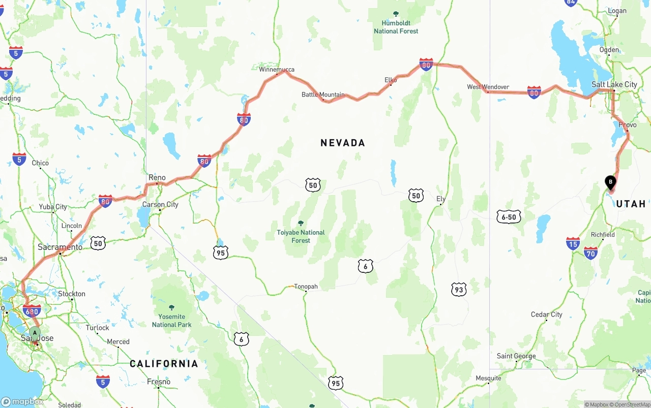 Shipping route from Norman Y. Mineta San Jose International Airport to Utah