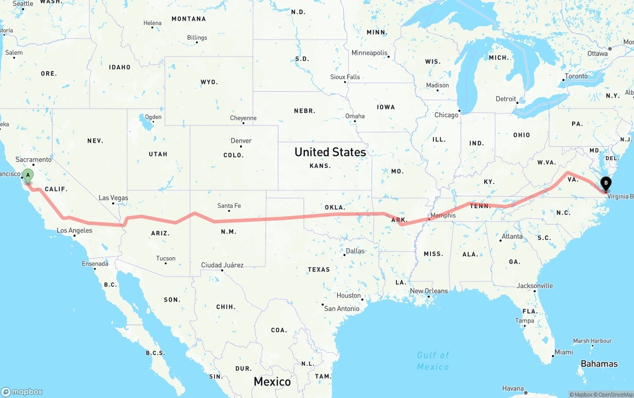 Shipping route from Norman Y. Mineta San Jose International Airport to Virginia Beach