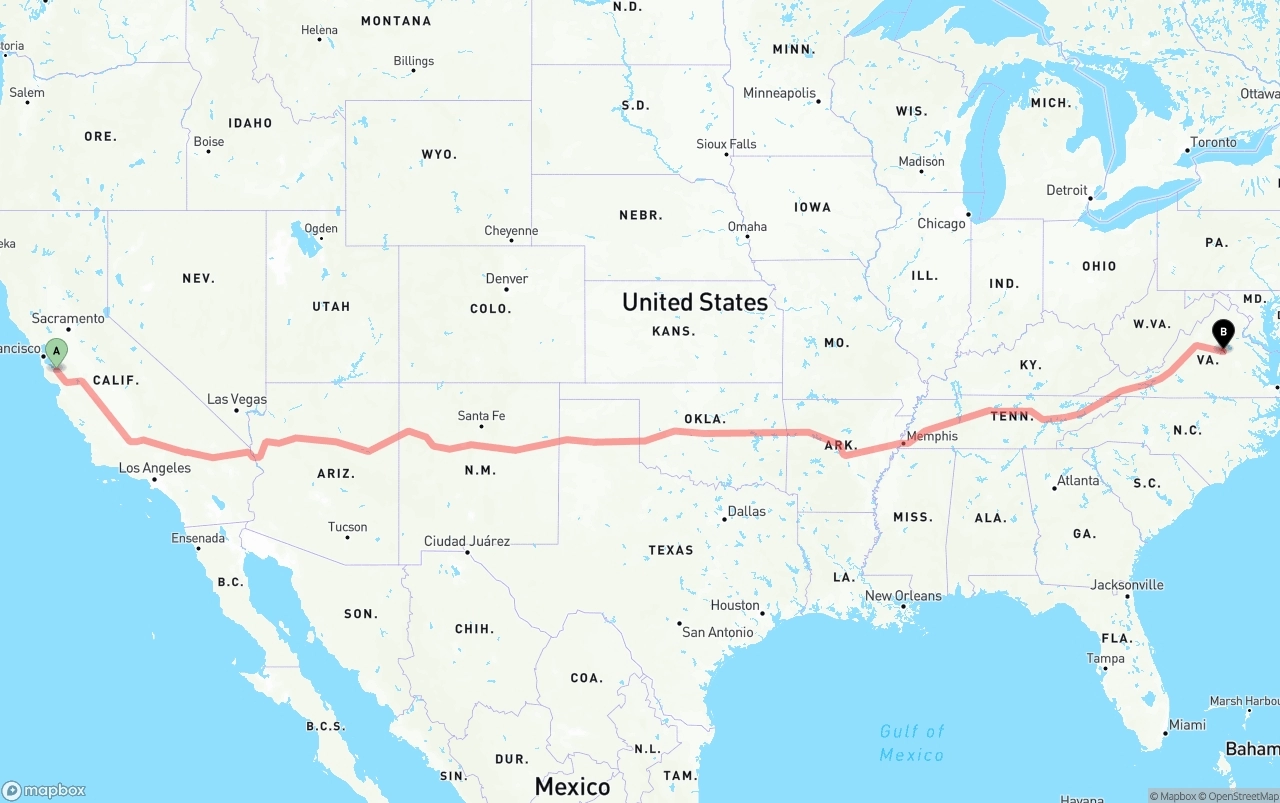 Shipping route from Norman Y. Mineta San Jose International Airport to Virginia