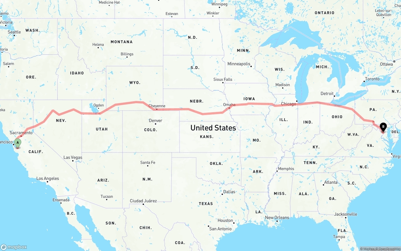 Shipping route from Norman Y. Mineta San Jose International Airport to Washington D.C.