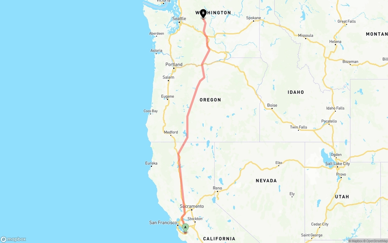 Shipping route from Norman Y. Mineta San Jose International Airport to Washington
