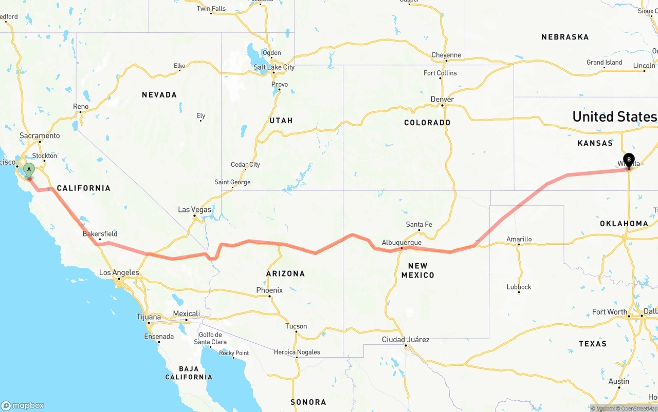 Shipping route from Norman Y. Mineta San Jose International Airport to Wichita