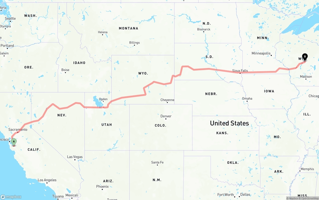 Shipping route from Norman Y. Mineta San Jose International Airport to Wisconsin