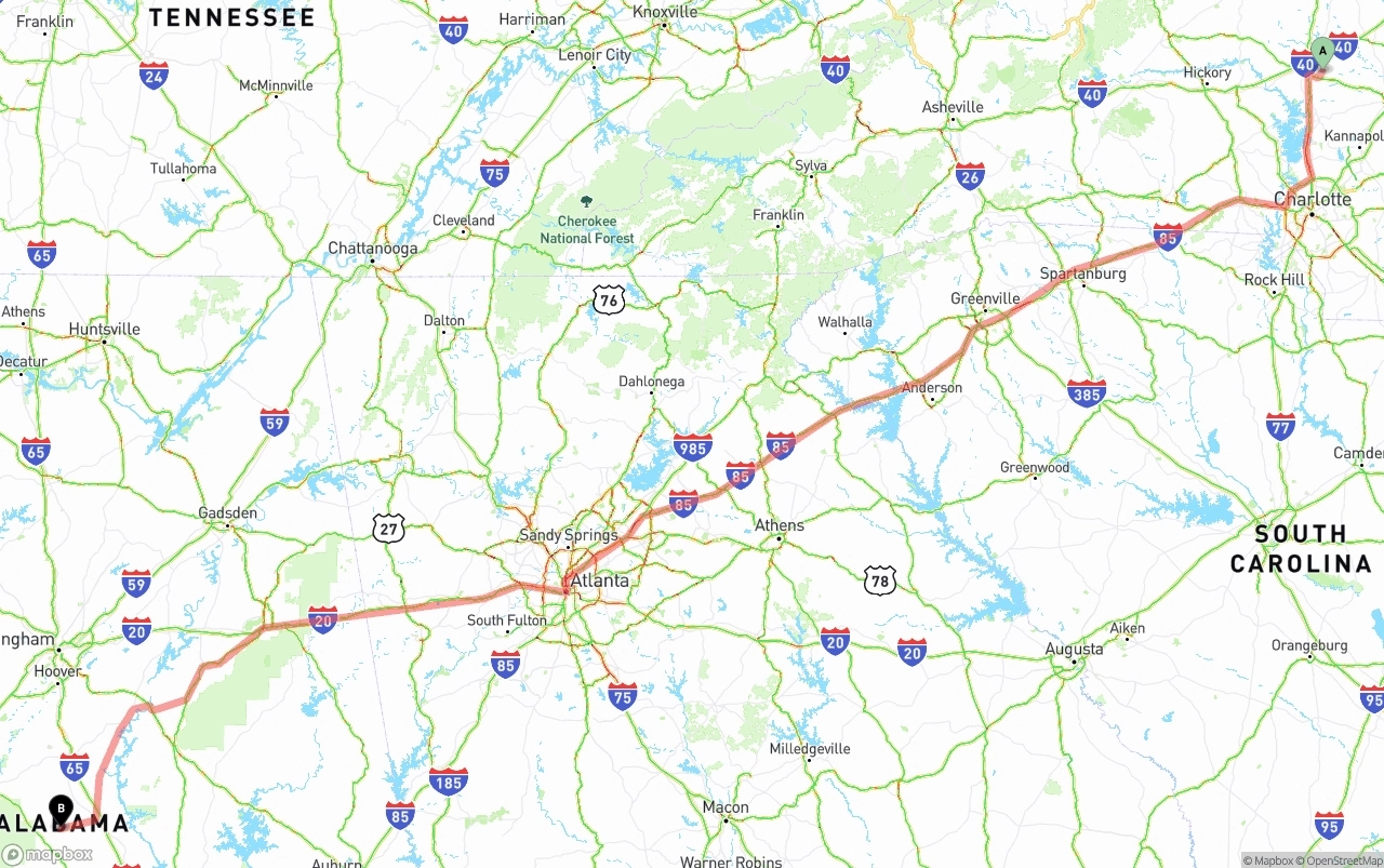 Shipping route from North Carolina to Alabama