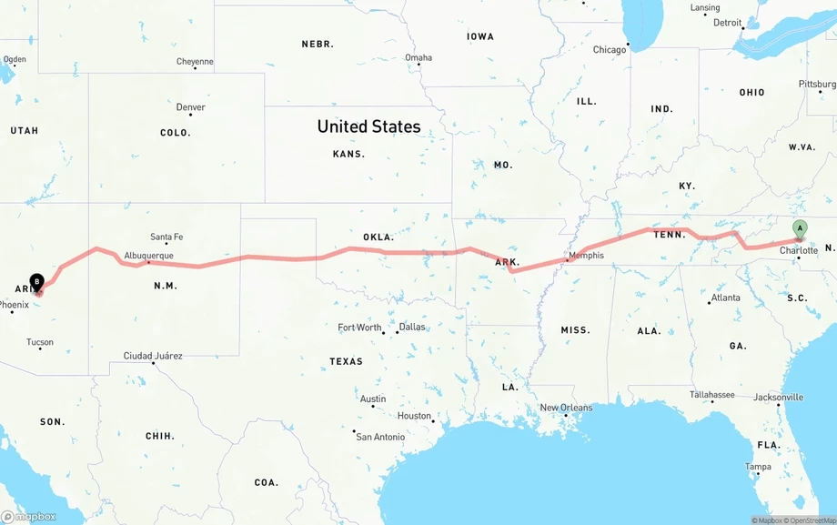North Carolina to Arizona freight shipping route map