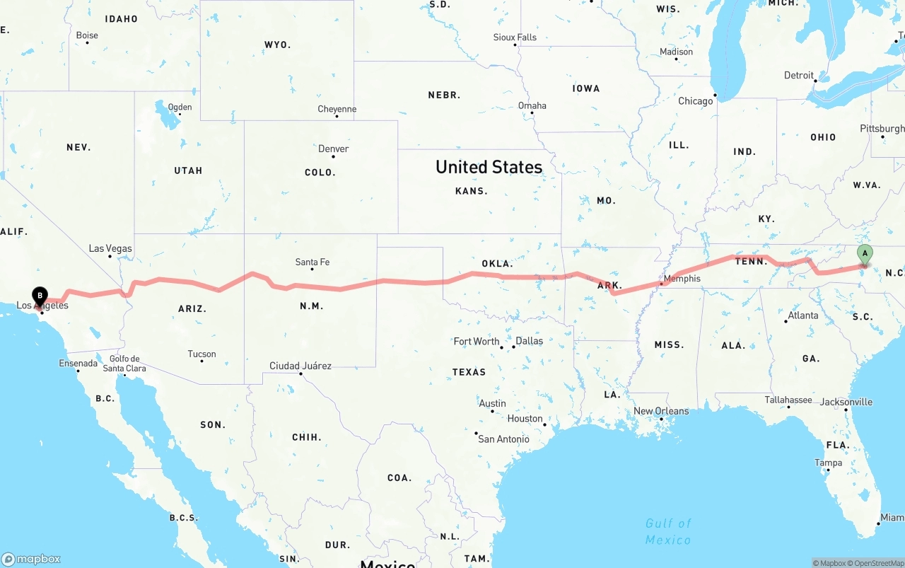 Shipping route from North Carolina to Bob Hope Airport