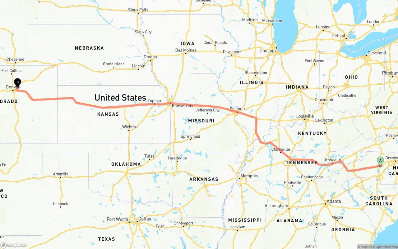 Shipping route from North Carolina to Denver International Airport
