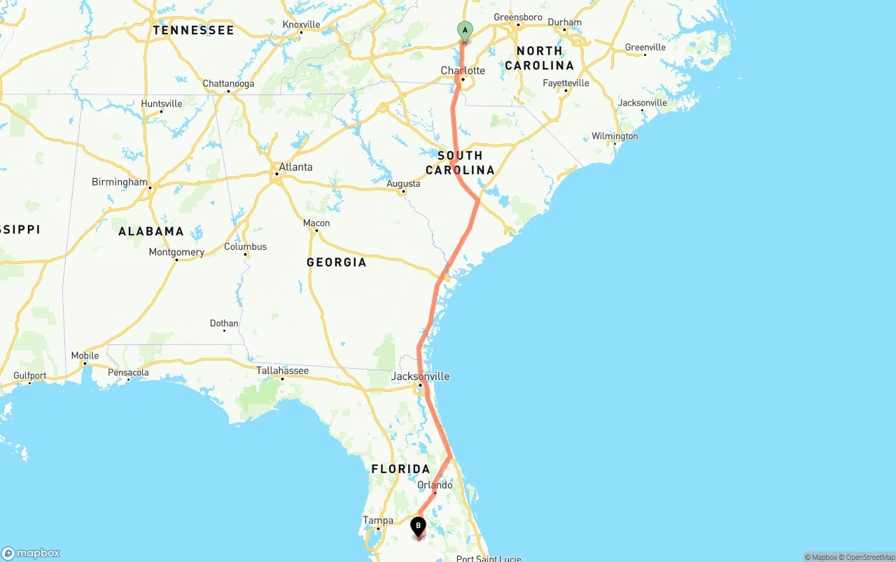Shipping route from North Carolina to Florida