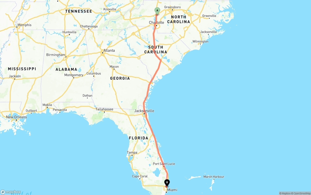 Shipping route from North Carolina to Fort Lauderdale-Hollywood International Airport