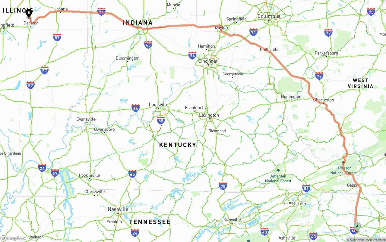 Shipping route from North Carolina to Illinois
