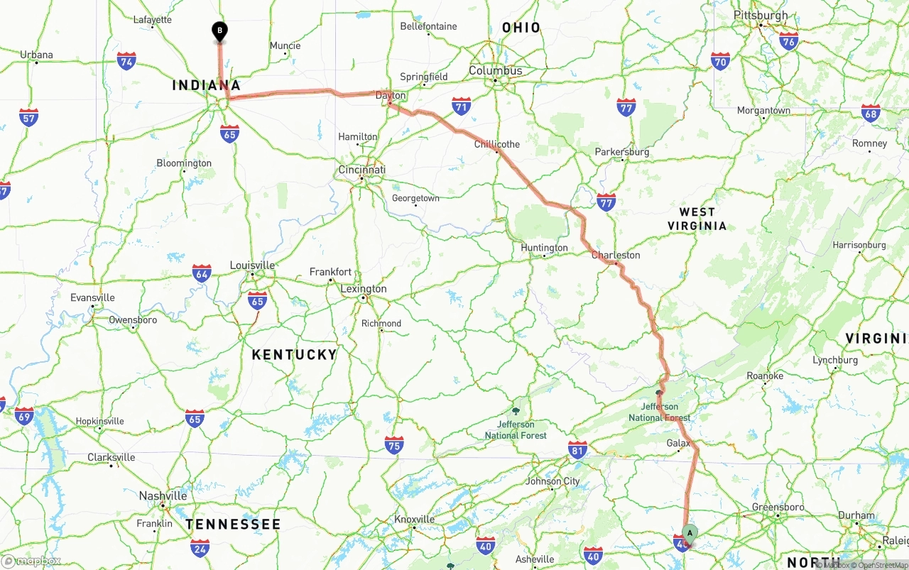 Shipping route from North Carolina to Indiana