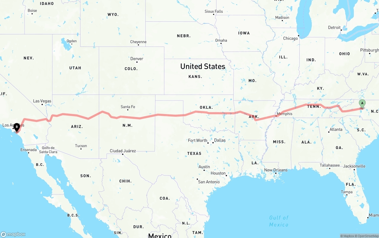 Shipping route from North Carolina to John Wayne Airport — Orange County