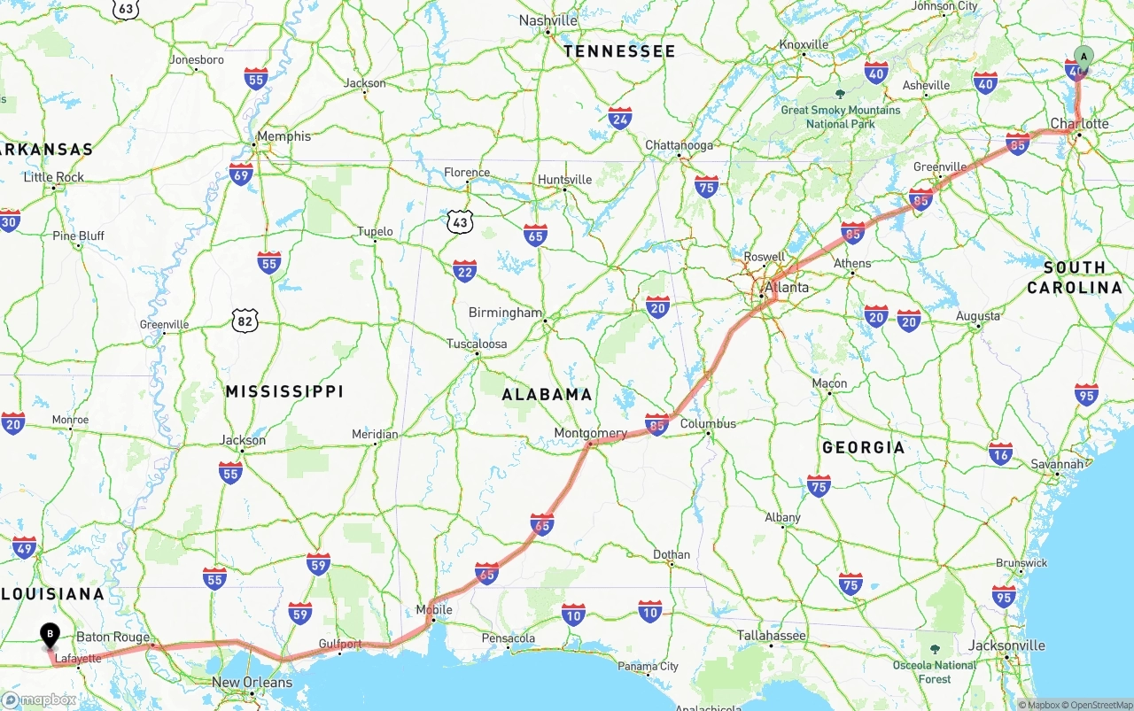 Shipping route from North Carolina to Louisiana