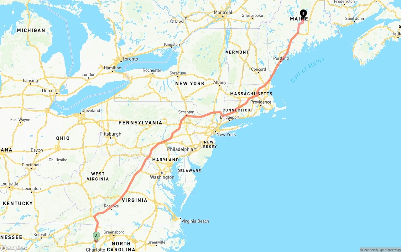Shipping route from North Carolina to Maine