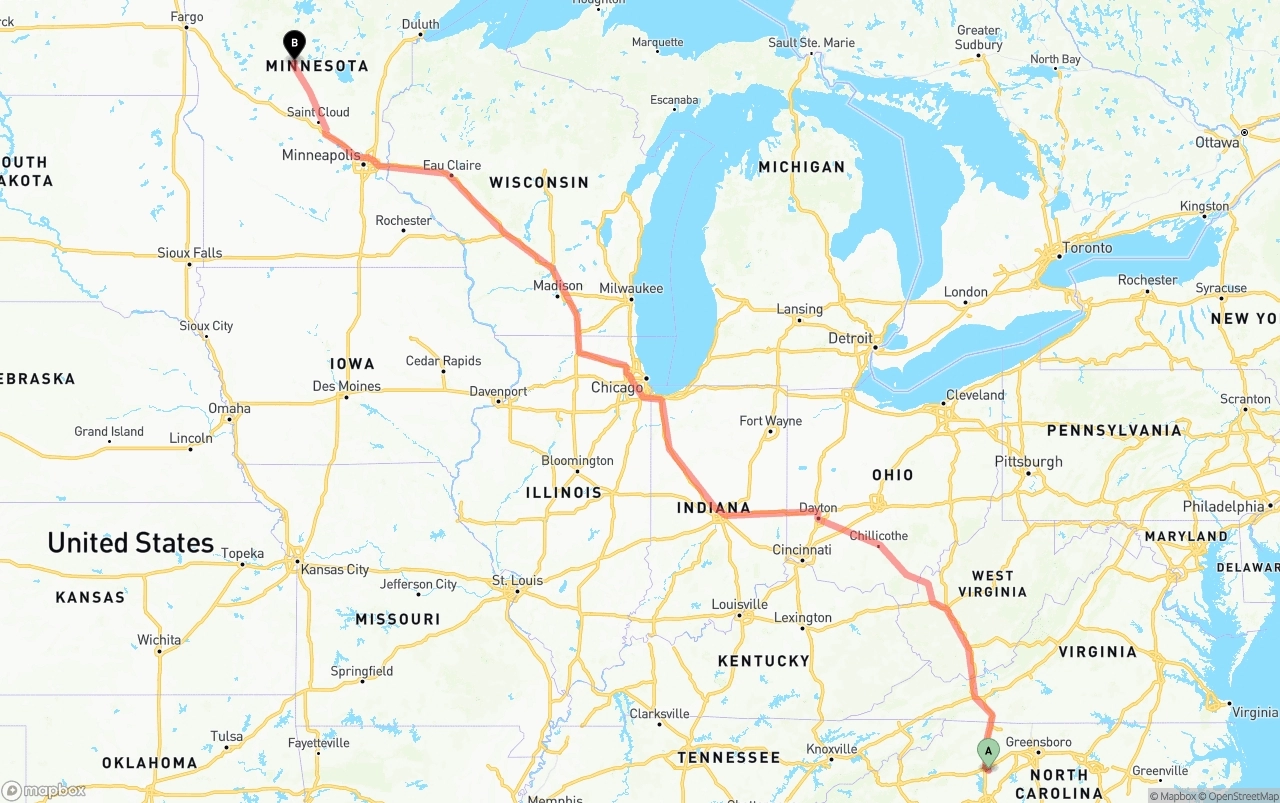 Shipping route from North Carolina to Minnesota