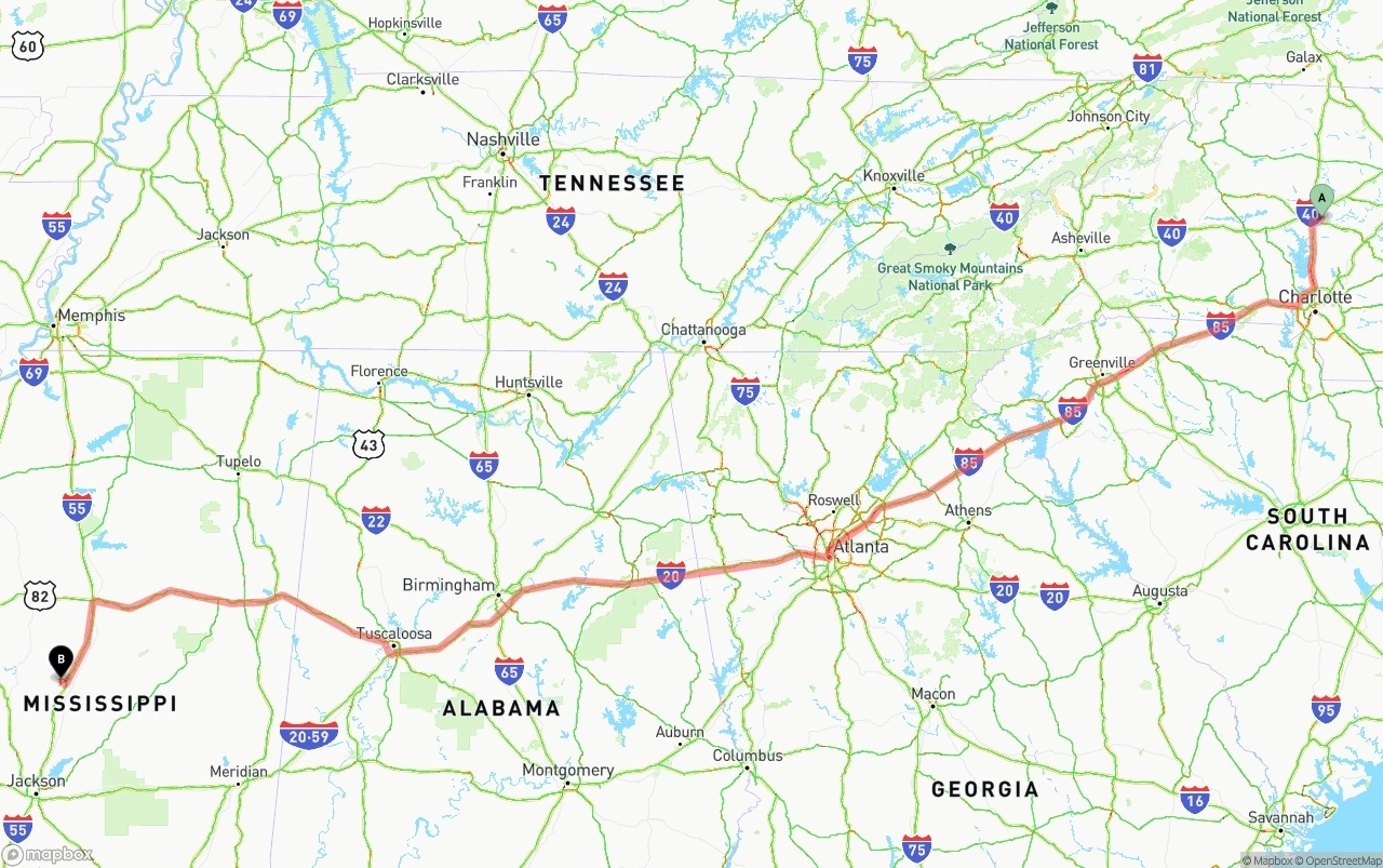 Shipping route from North Carolina to Mississippi