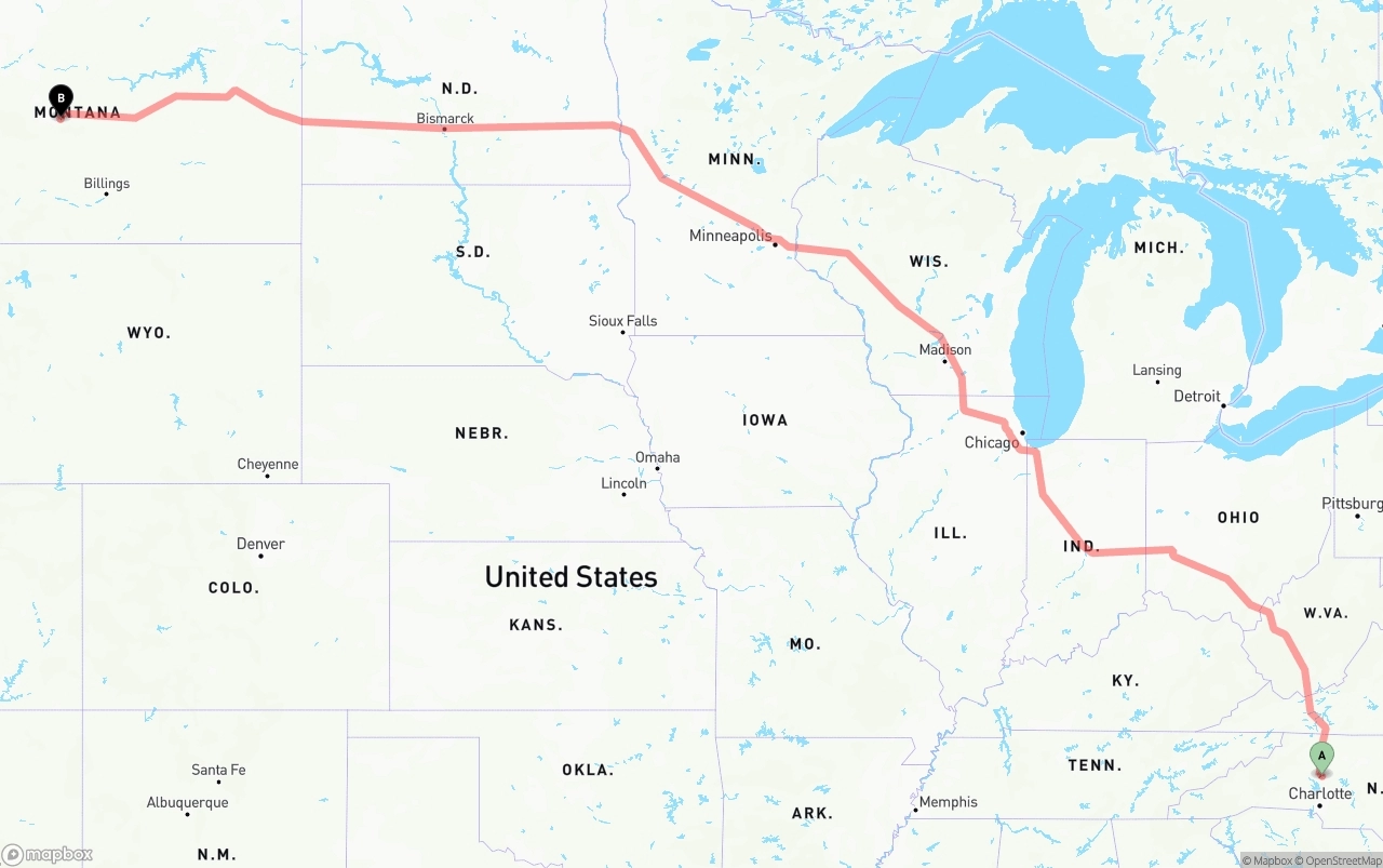 Shipping route from North Carolina to Montana