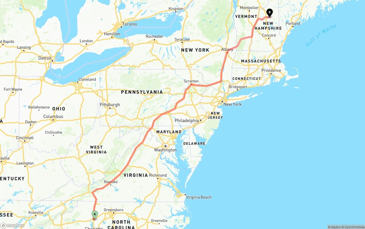 Shipping route from North Carolina to New Hampshire