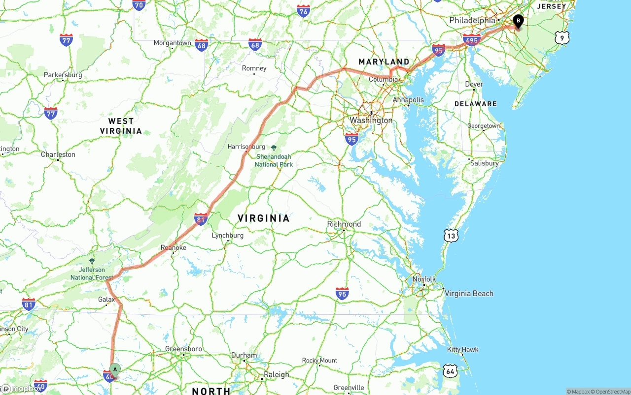 Shipping route from North Carolina to New Jersey