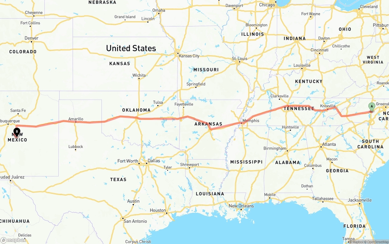 Shipping route from North Carolina to New Mexico
