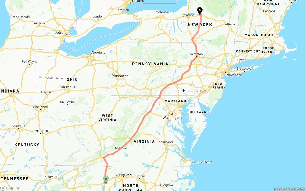 Shipping route from North Carolina to New York