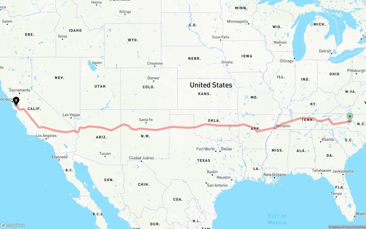 Shipping route from North Carolina to Norman Y. Mineta San Jose International Airport