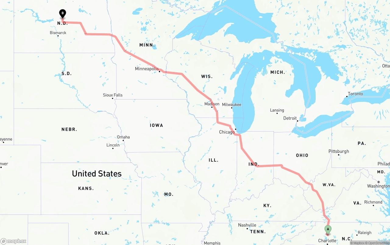 Shipping route from North Carolina to North Dakota