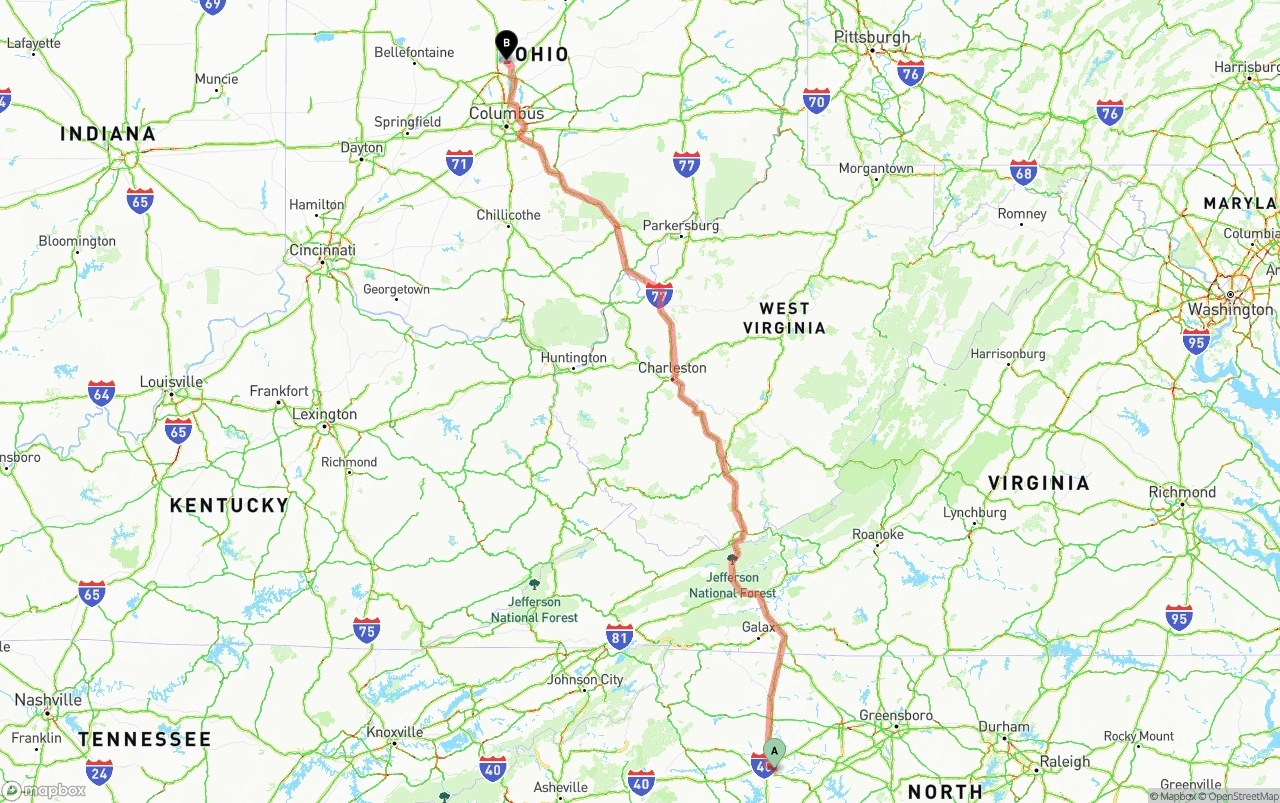 Shipping route from North Carolina to Ohio