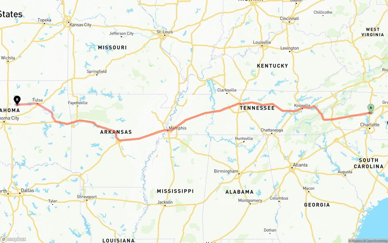 Shipping route from North Carolina to Oklahoma