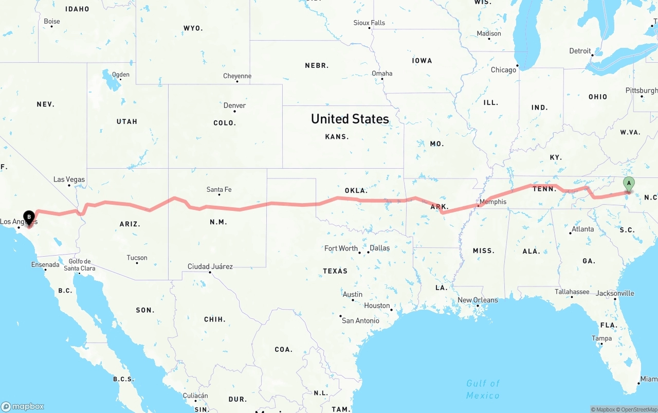 Shipping route from North Carolina to Ontario International Airport